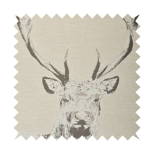 Beige Colour Stag Head Animal On Plain Background Pattern Soft Chenille Upholstery Fabric JO-212